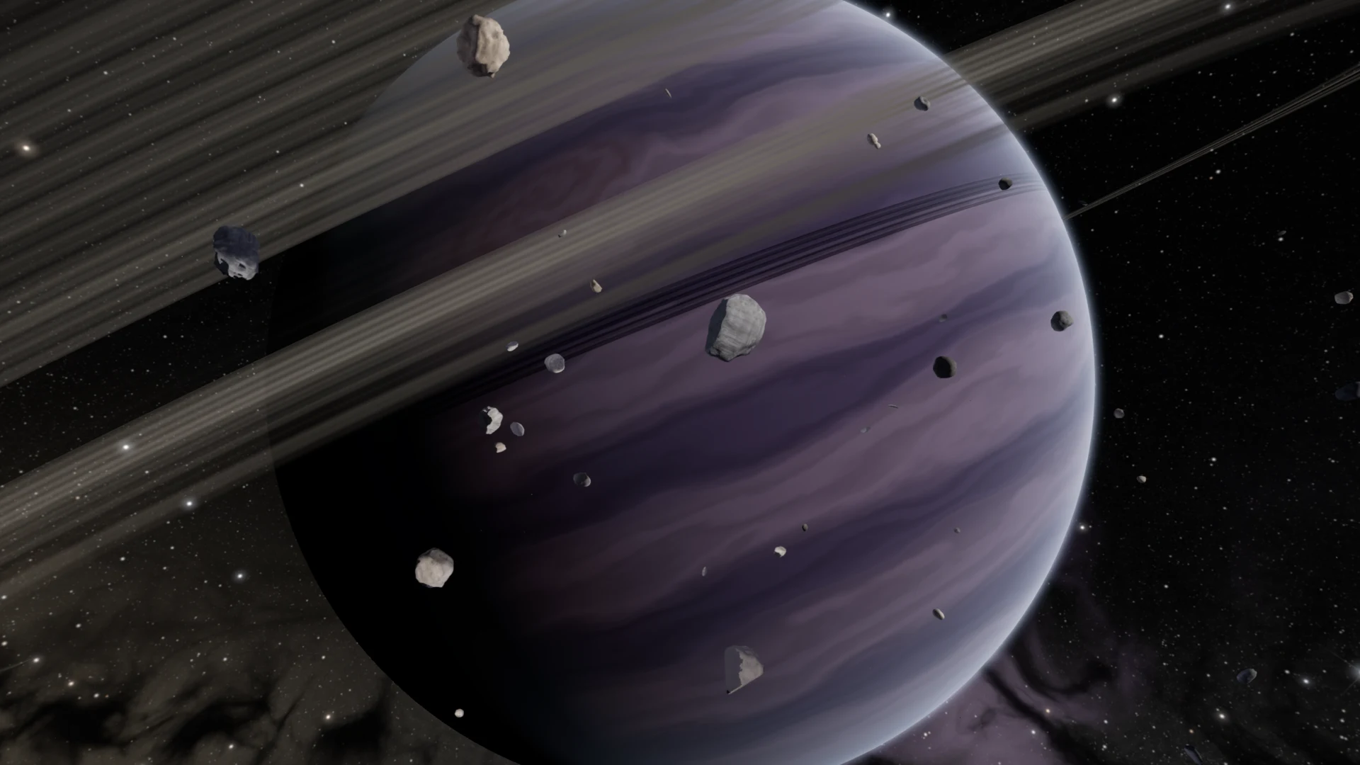 Asteroids scattered through the rings of a vast violet gas giant