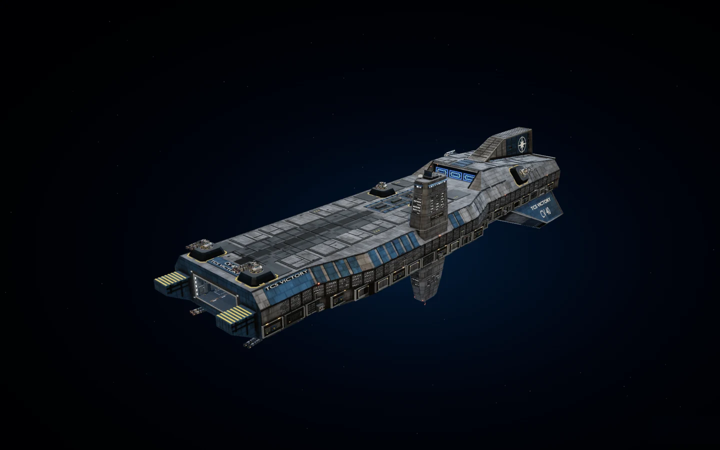 The rebuilt TCS Victory carrier, with blue collector intakes, flight deck and layered hull armour
